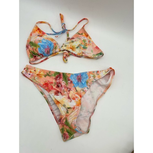 New 4 Piece Bikini Top Skirt Cover Up Tropical Pink Orange Yellow Cruise Sz S - Picture 5 of 10